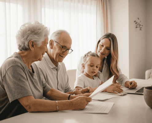 Compassionate senior care specialist guiding a Southern California family through assisted living options for their elderly parent